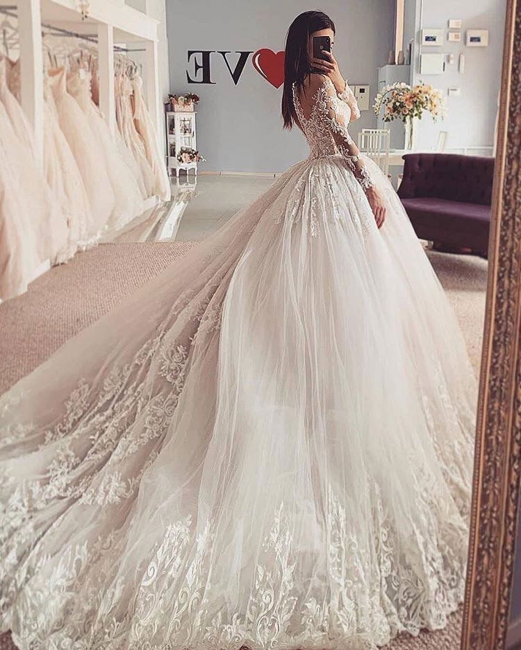 Long Sleeves Ball Gowns Tulle Wedding Dresses Bridal Gowns with Appliques