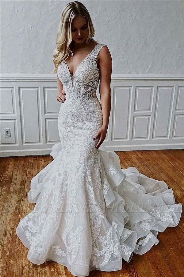 V Neck Mermaid Wedding Dresses Bridal Gowns with Appliques
