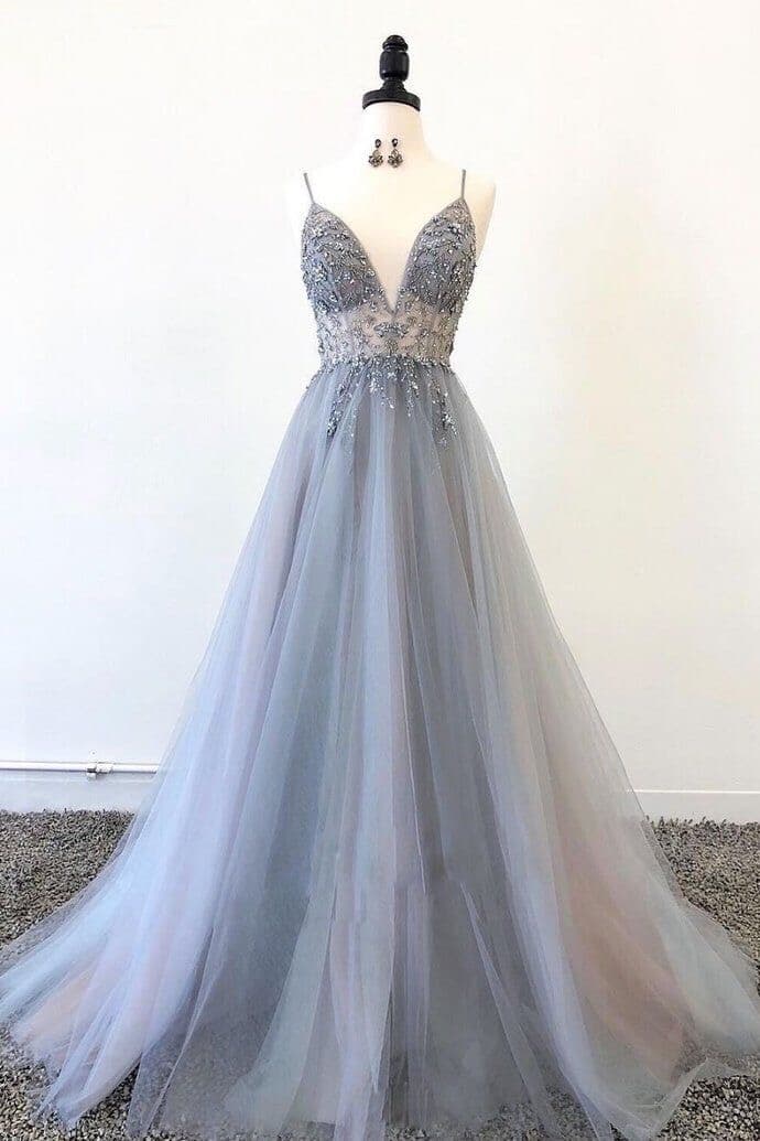 Spaghetti Straps Tulle Long Prom Dresses with Appliques