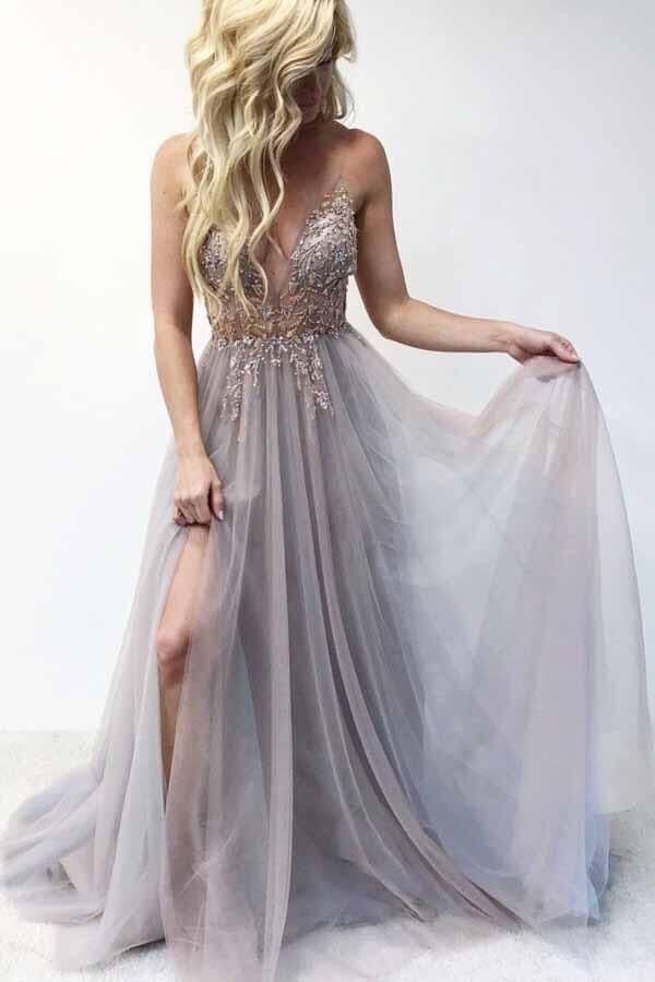 Spaghetti Straps Tulle Long Prom Dresses with Appliques