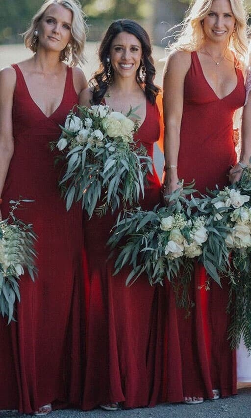 V Neck Dark Red Sheath Bridesmaid Dresses for Wedding Party MK008