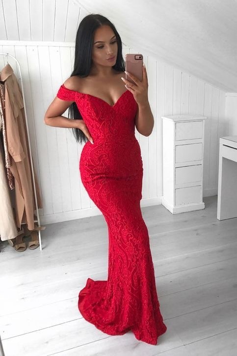 Off the Shoulder Mermaid Long Prom Dresses with Lace
