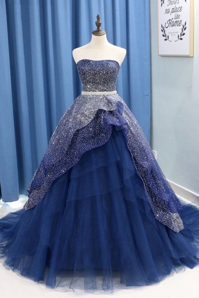 Strapless Dark Royal Blue Long Prom Dresses With Rhinestone 