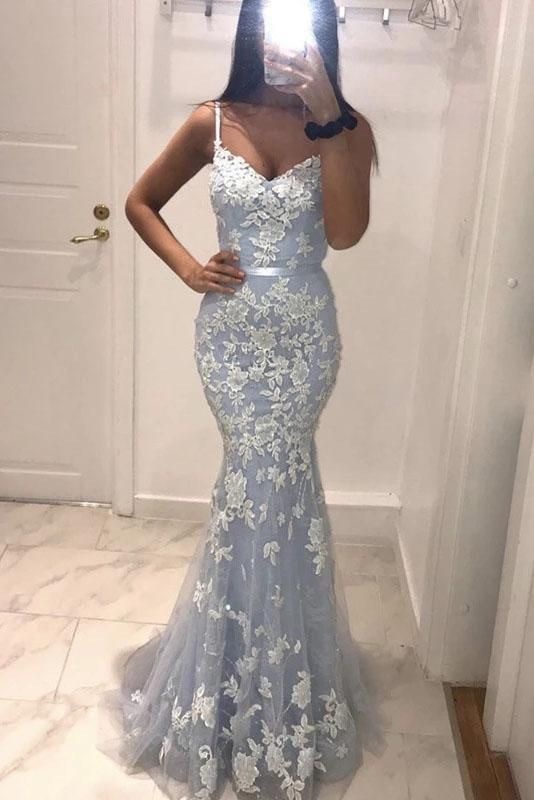 Spaghetti Straps Mermaid Prom Dresses Long with Appliques