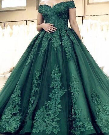 Off the Shoulder Green Tulle Prom Dresses with Appliques