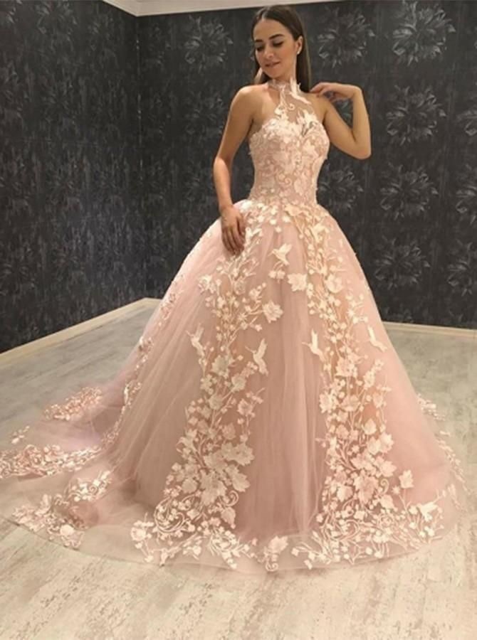 High Neck Pink Prom Dresses Birthday Gowns with Lace Appliques