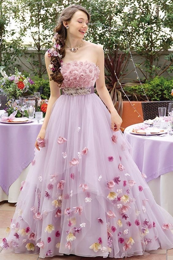Strapless Garden Tulle Long Prom Dresses with 3D Flowers