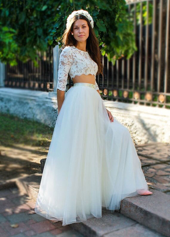 Two Piece Wedding Dresses Tulle Bridal Gowns with Appliques