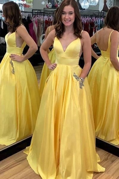 Spaghetti Straps Yellow Prom Dresses Pockets with Beaded