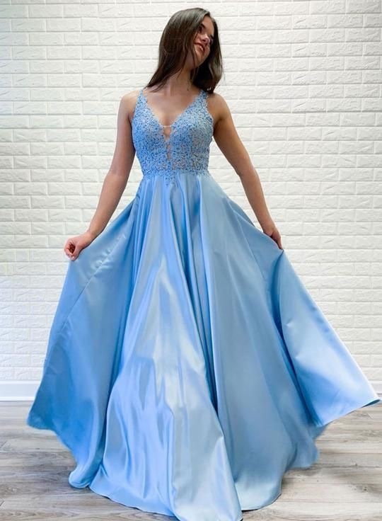 V Neck Blue Long Prom Dresses with Appliques