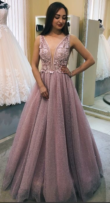 Blush Pink V Neck Prom Dresses with Lace Appliques