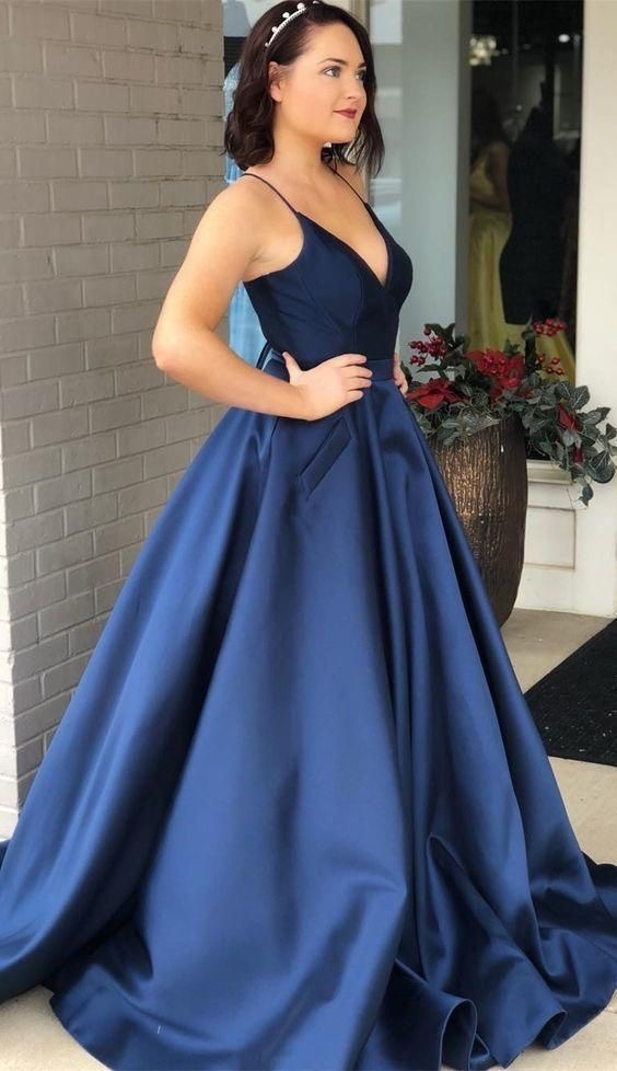 Spaghetti Straps Navy Blue Long Prom Dresses with Pockets