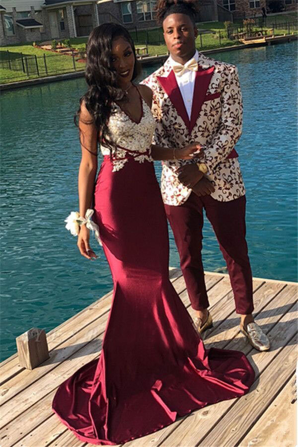 V Neck Burgundy Mermaid Prom Dresses with Appliques