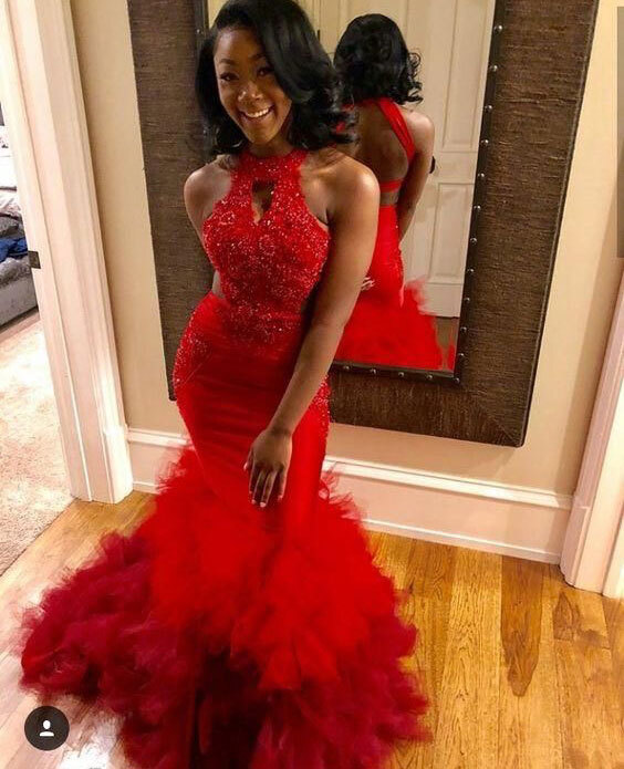 Mermaid Red Prom Dresses with Beaded Evening Gowns