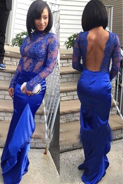 Royal Blue Sheath Long Sleeves Prom Dresses Backless with Appliques