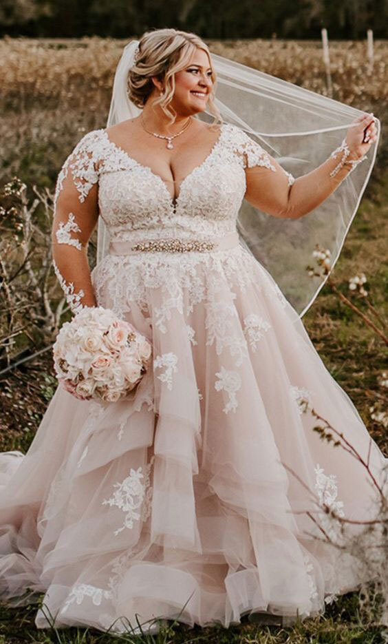 Plus Size V Neck Wedding Dresses Bridal Gown with Appliques