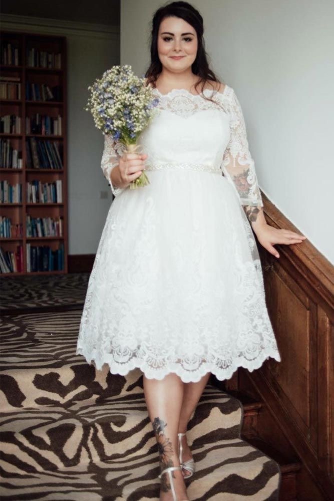 Plus Size Tea Length Lace Wedding Dresses Bridal Gown