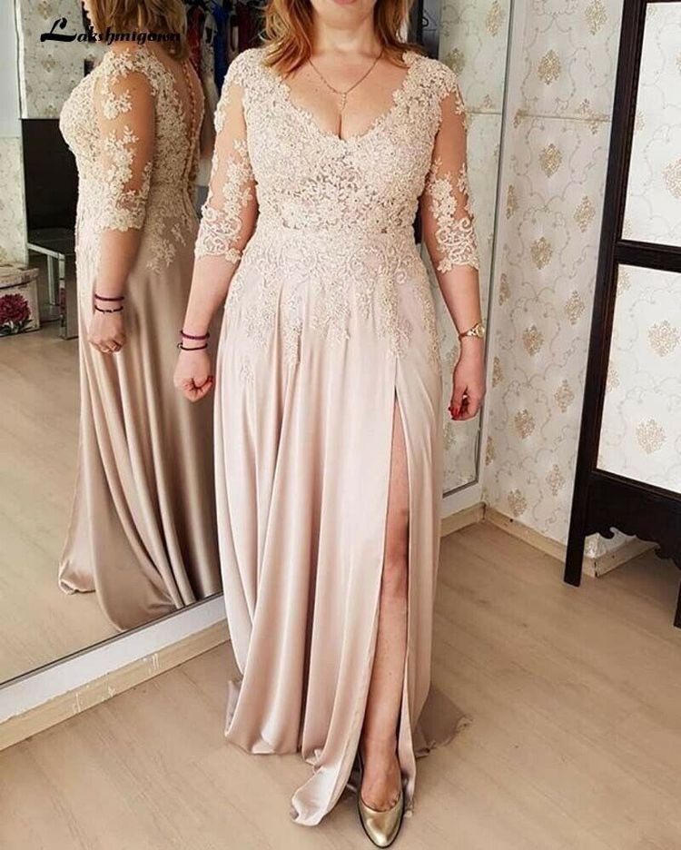 Plus Size Champagne Split Side Mother Of The Bride Dresses With Lace