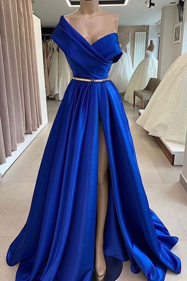 Royal Blue Slit Prom Dresses with Gold Sash
