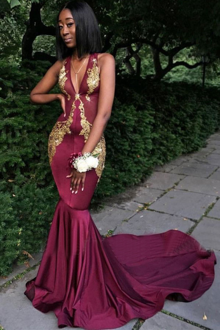 V Neck Mermaid Prom Dresses Maroon Evening Gown
