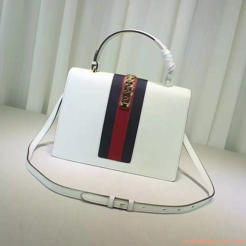 Gucci women&#39;s handbags outlet online Gucci Sylvie medium top handle bag leather 431665 white sale