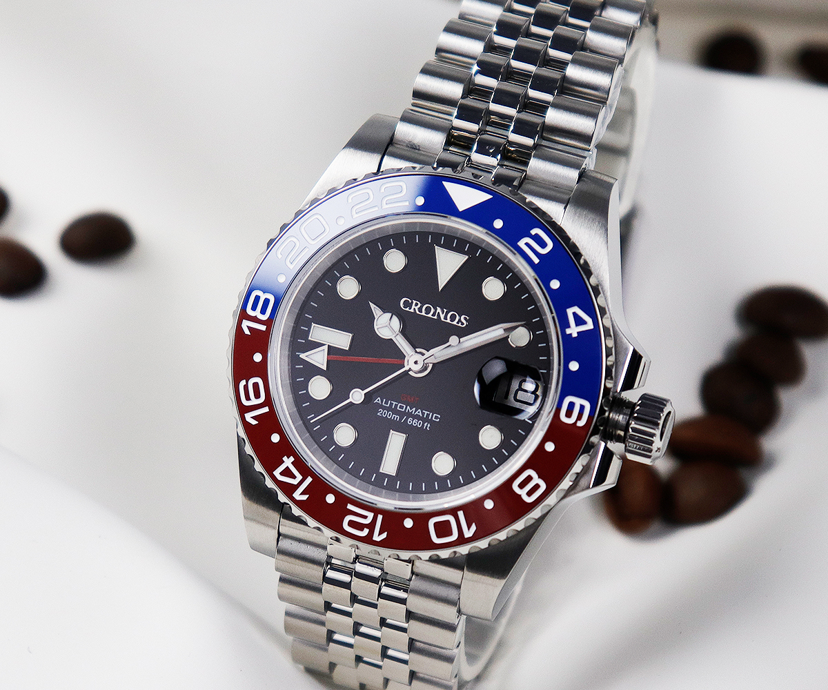 Cronos GMT Automatic Men Watch Bidirectional Bezel Sapphire 20 ATM
