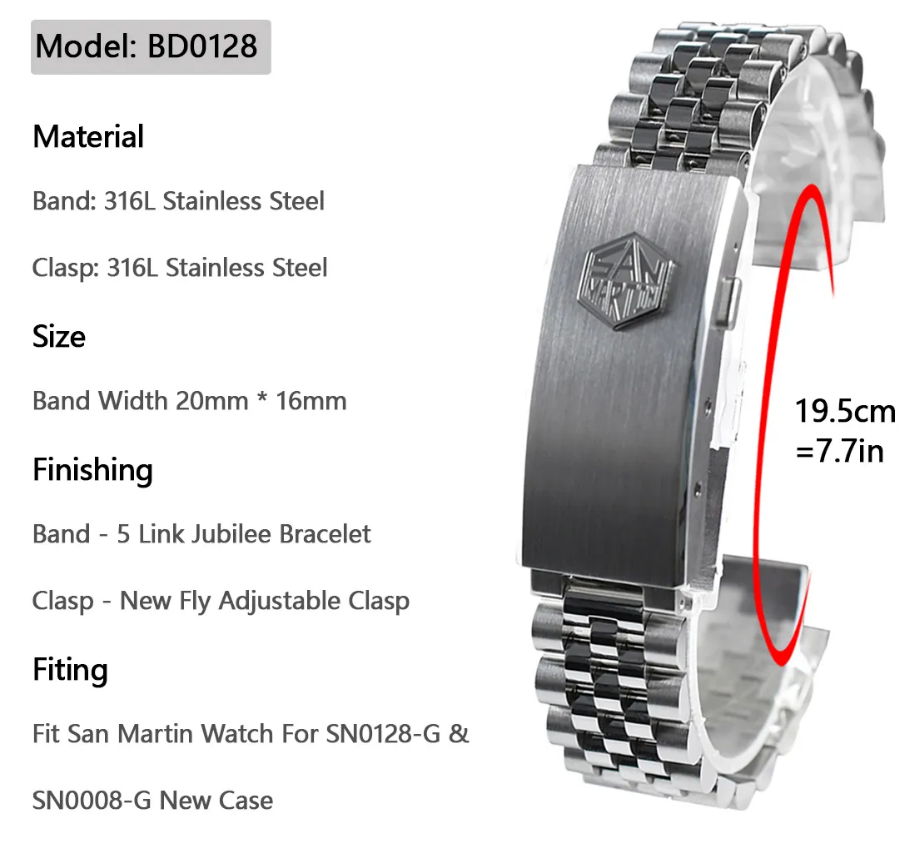 San Martin Jubilee Bracelet Stainless Steel Watch Parts For 20mm Curved End Links Fly Adjustable Clasp For SN0008 SN0128