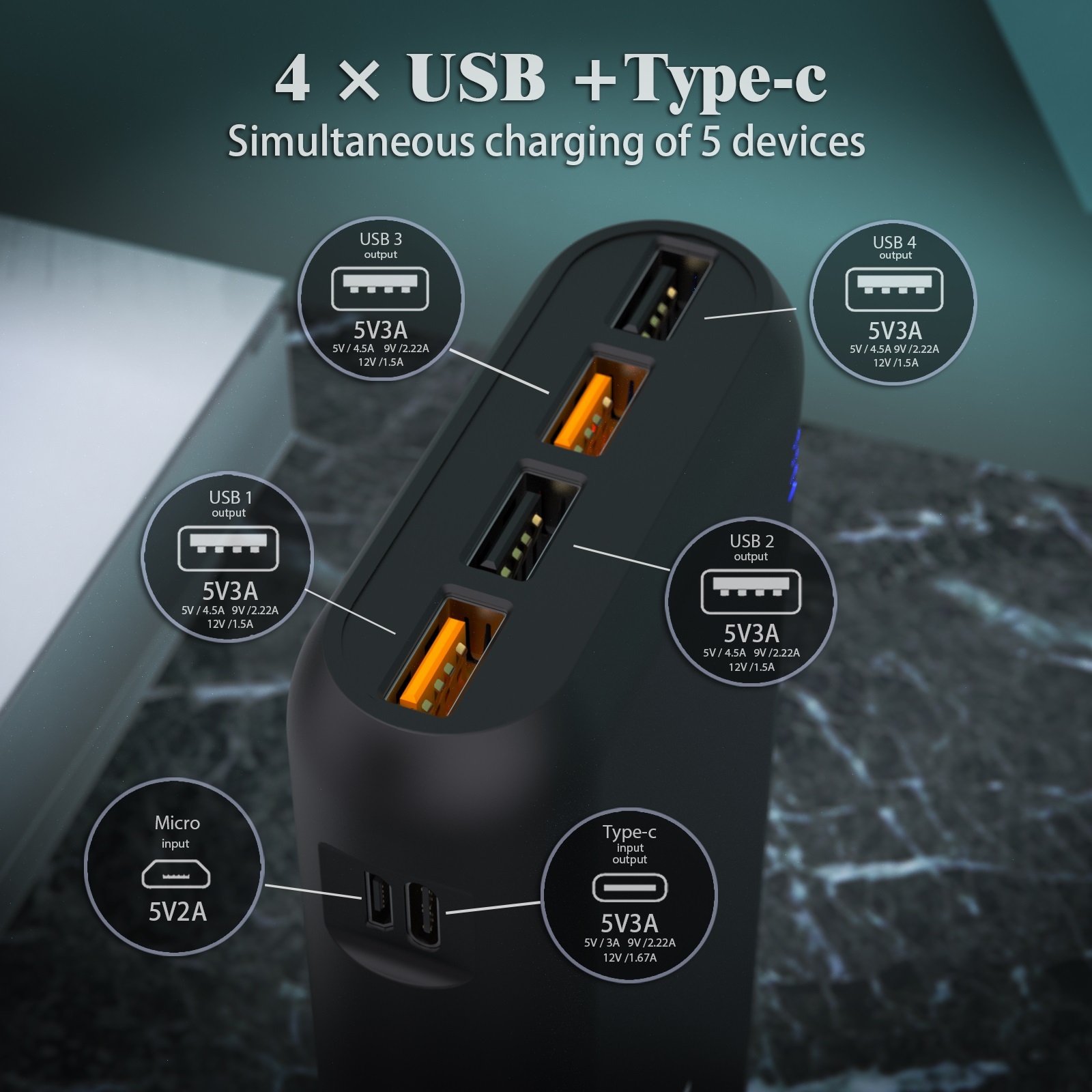 4USB Power Bank, Portable Charger 30000mAh + 50000mAh Super Bright Flashlight Quick Charge Phones USB PowerBank (Black_30000mAh_50000mAh)