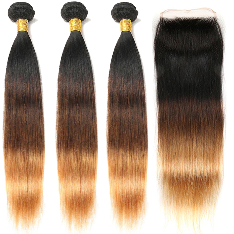 Ombre Straight Hair Bundles with Closure 1B/4/27  Human Hair with Closure Remy Hair Extensions