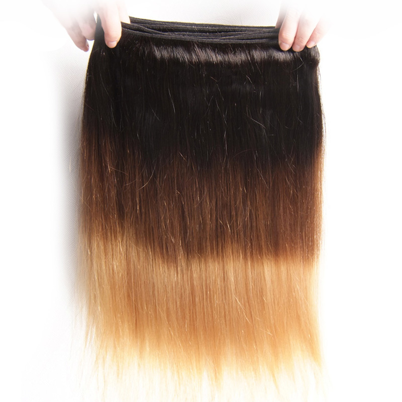 Ombre Straight Hair Bundles with Closure 1B/4/27  Human Hair with Closure Remy Hair Extensions