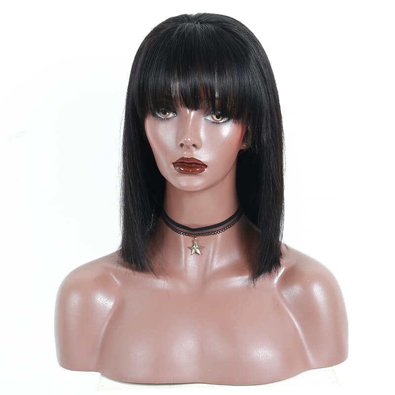 13x6 Lace Front Human Hair Wigs With Bangs Short Bob Wig Pre Plucked With Baby Hair Straight Frontal Wigs Remy Black