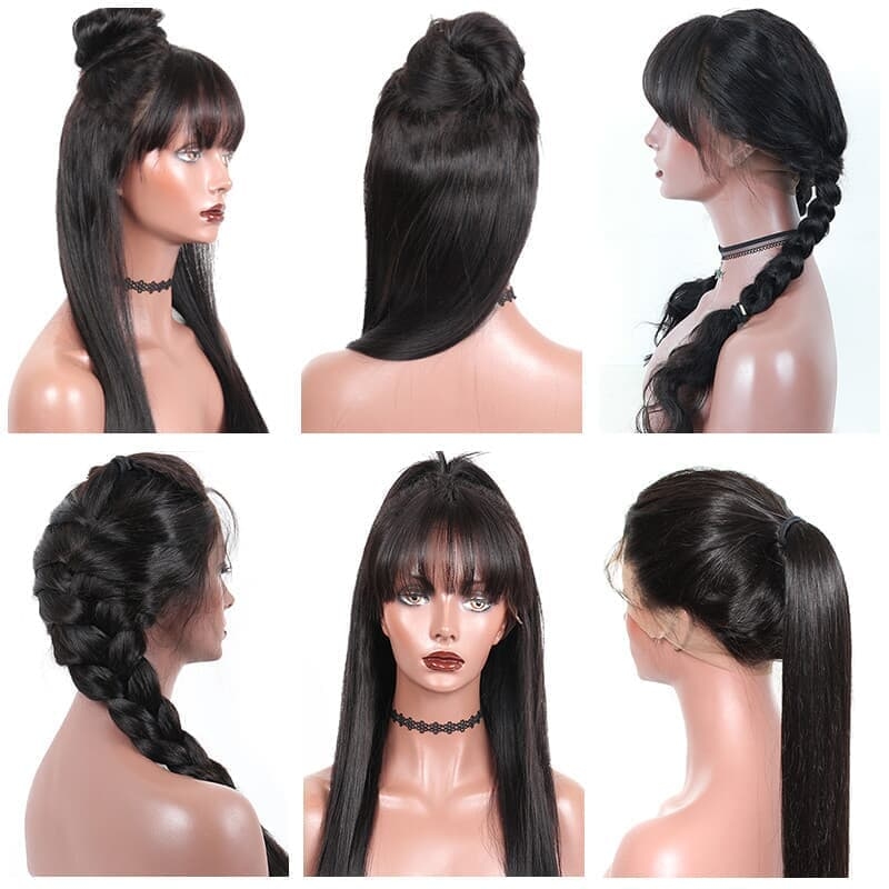 13x6 Lace Front Human Hair Wigs With Bangs Short Bob Wig Pre Plucked With Baby Hair Straight Frontal Wigs Remy Black