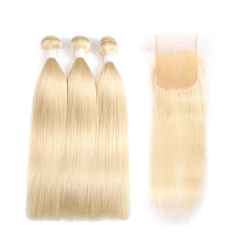 Durable 613 bundles With Closure 4x4 Brazilian Straight Remy Human Hair Weave 3 Bundles With Closure
