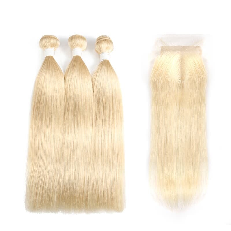 Durable 613 bundles With Closure 4x4 Brazilian Straight Remy Human Hair Weave 3 Bundles With Closure