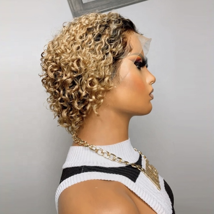 Omber color 1B 27 short bouncy curly wig with 16*1 lace front