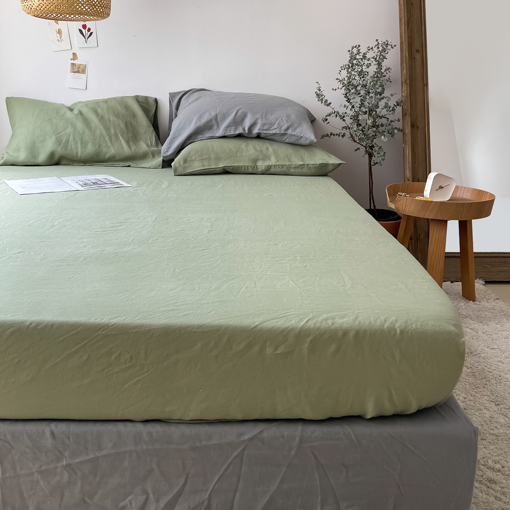 GREEN MOSS PURE NATURAL STONE WASHED LINEN FITTED SHEET SOFT NATURAL BEDDING