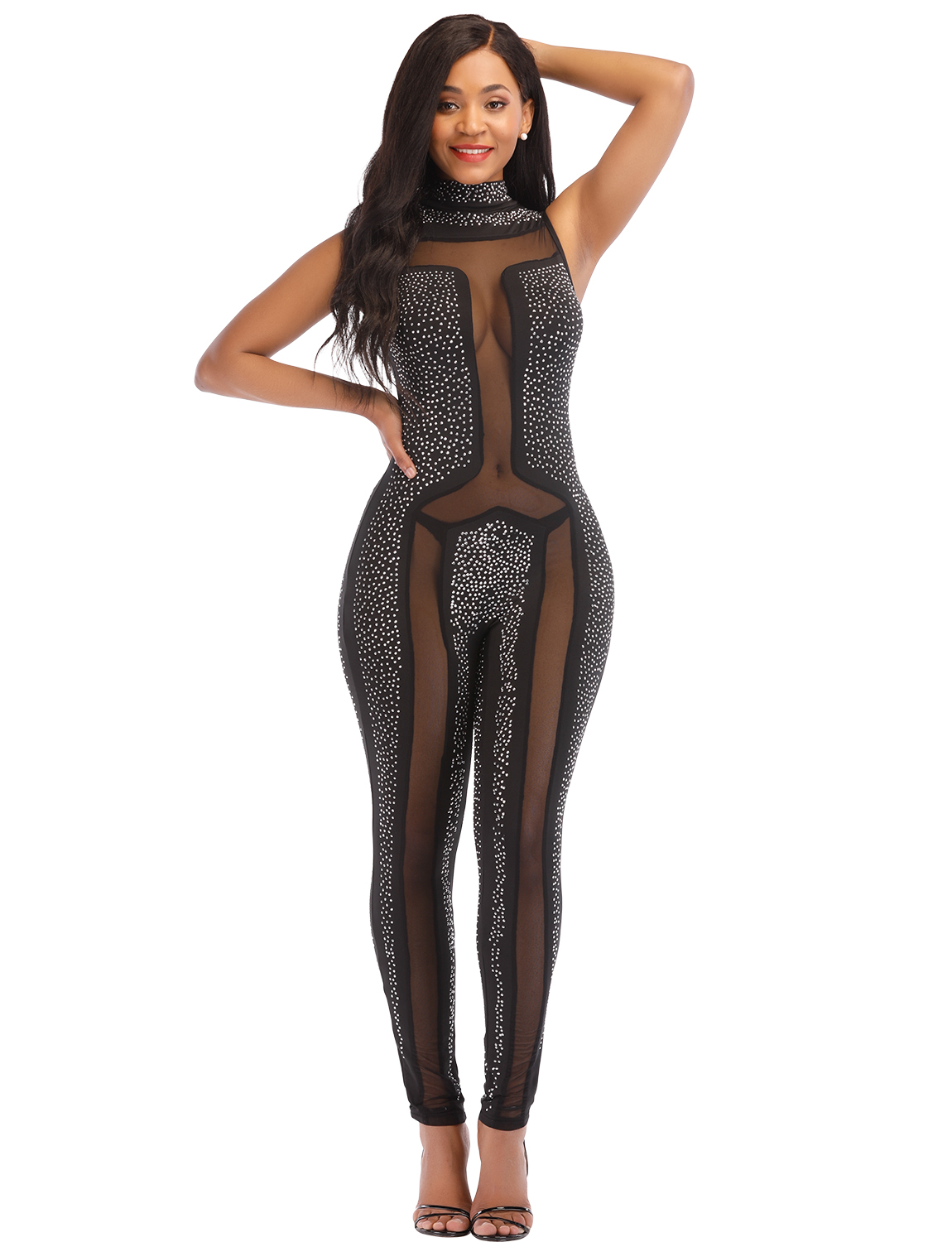mesh rhinestone jumpsuit