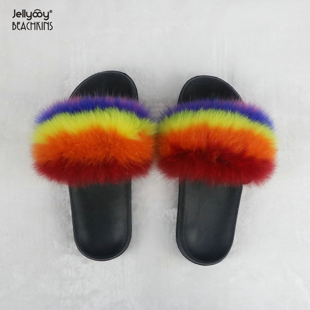 rainbow fur sandals