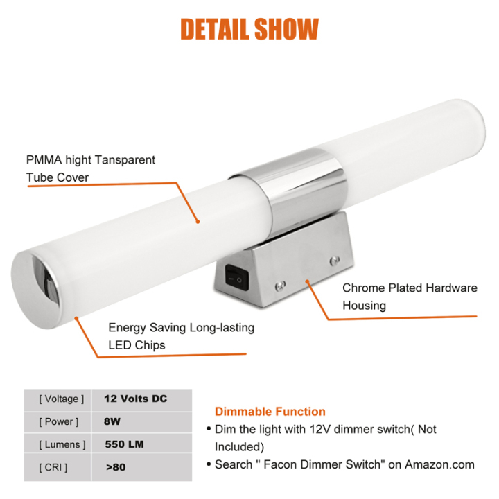Facon 12V 16.7Inch 8W LED RV Vanity Lights Fixtures Wall Sconces