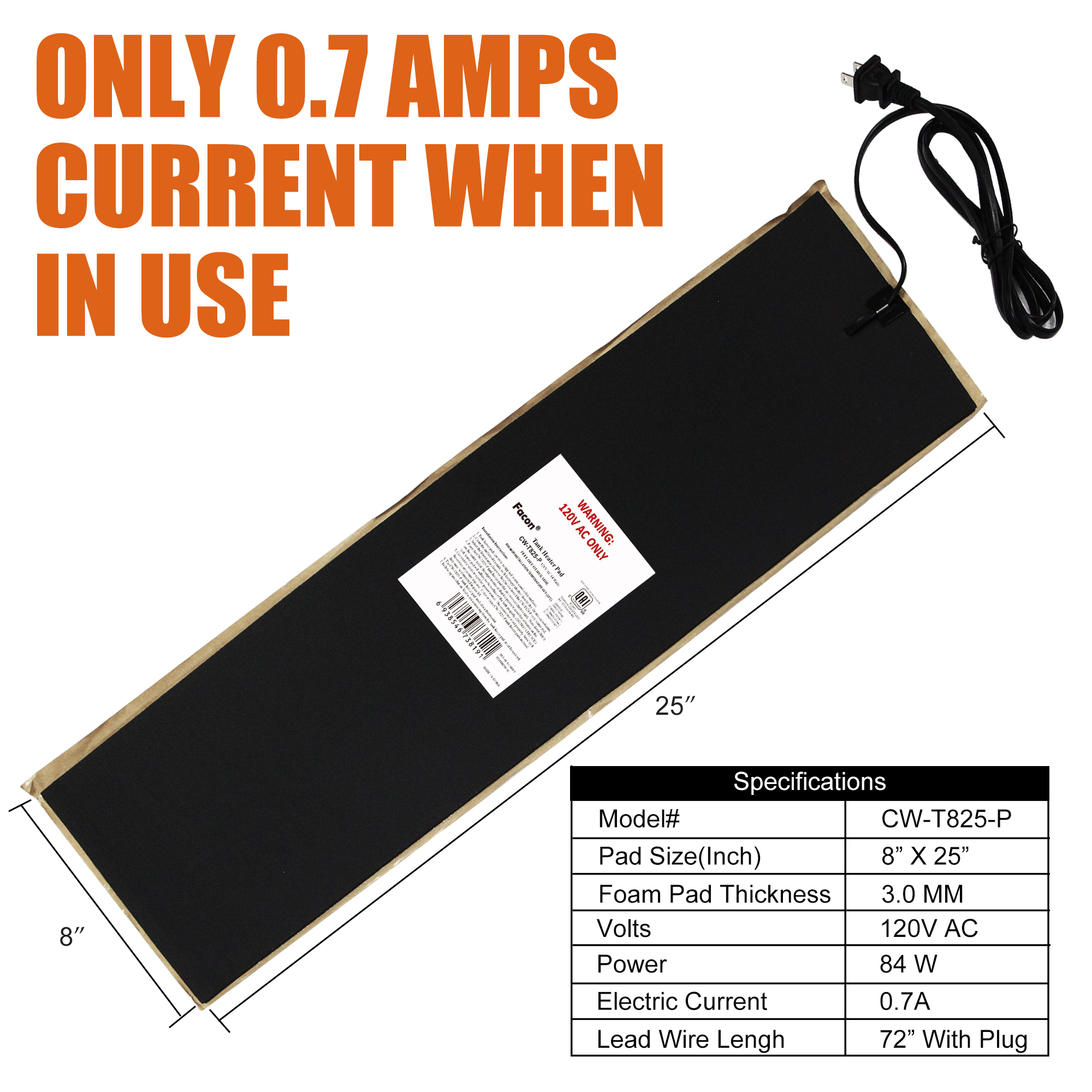 8.0"x25" 120V AC Water Holding Tank Heater Pad With Automatic
