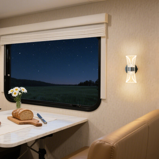Cozy dining area featuring a sleek wall sconce, a vase of daisies, and a cutting board with fresh bread, set against a starry night sky visible through the window.