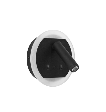 Wall-mounted RV reading light featuring a sleek black design with an adjustable arm and built-in switch controls.