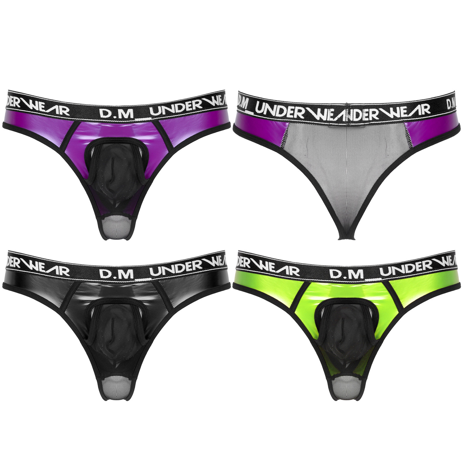 Mens Lingerie Glossy Patent Leather Patchwork Thongs Panties Sexy See-through Mesh Underwear Bulge Pouch  Low Waist Briefs 