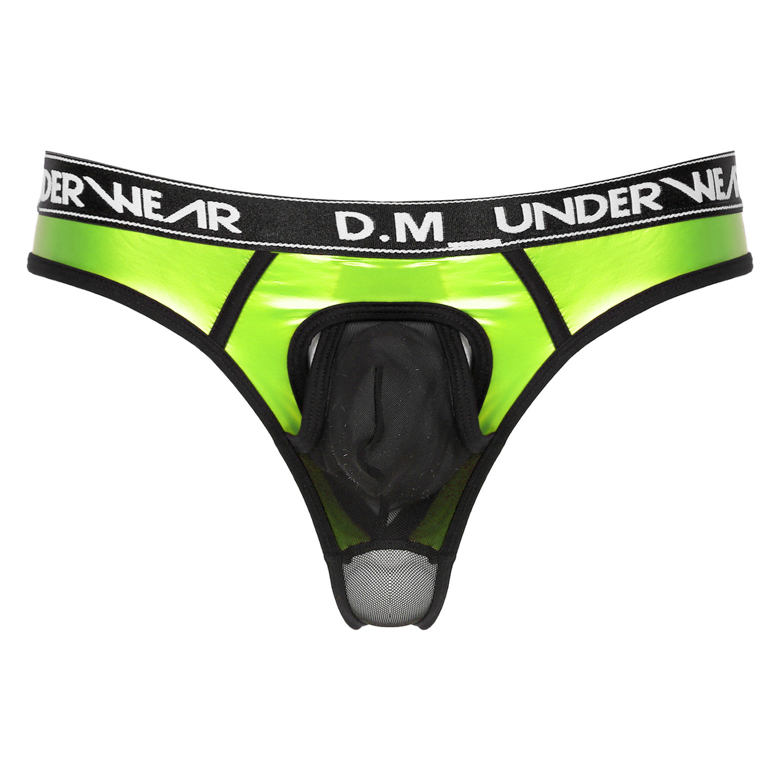 Mens Lingerie Glossy Patent Leather Patchwork Thongs Panties Sexy See-through Mesh Underwear Bulge Pouch  Low Waist Briefs 