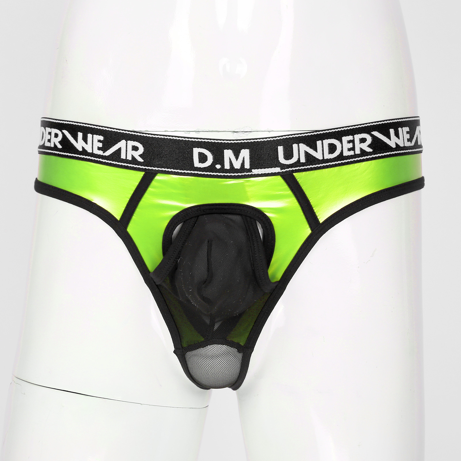 Mens Lingerie Glossy Patent Leather Patchwork Thongs Panties Sexy See-through Mesh Underwear Bulge Pouch  Low Waist Briefs 