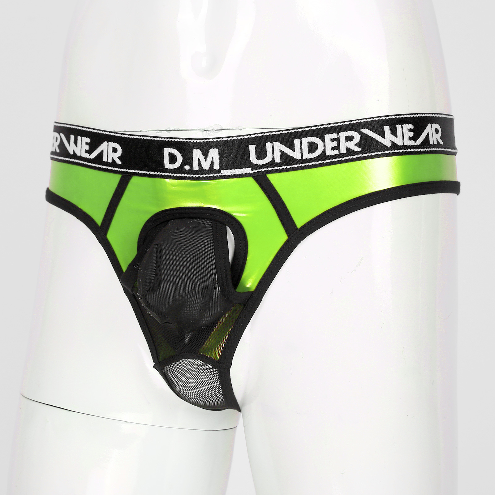 Mens Lingerie Glossy Patent Leather Patchwork Thongs Panties Sexy See-through Mesh Underwear Bulge Pouch  Low Waist Briefs 