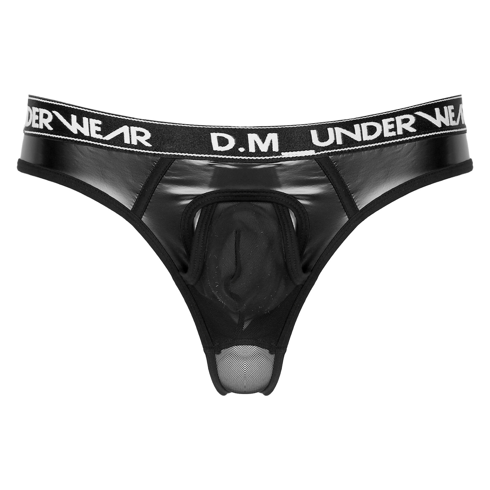 Mens Lingerie Glossy Patent Leather Patchwork Thongs Panties Sexy See-through Mesh Underwear Bulge Pouch  Low Waist Briefs 