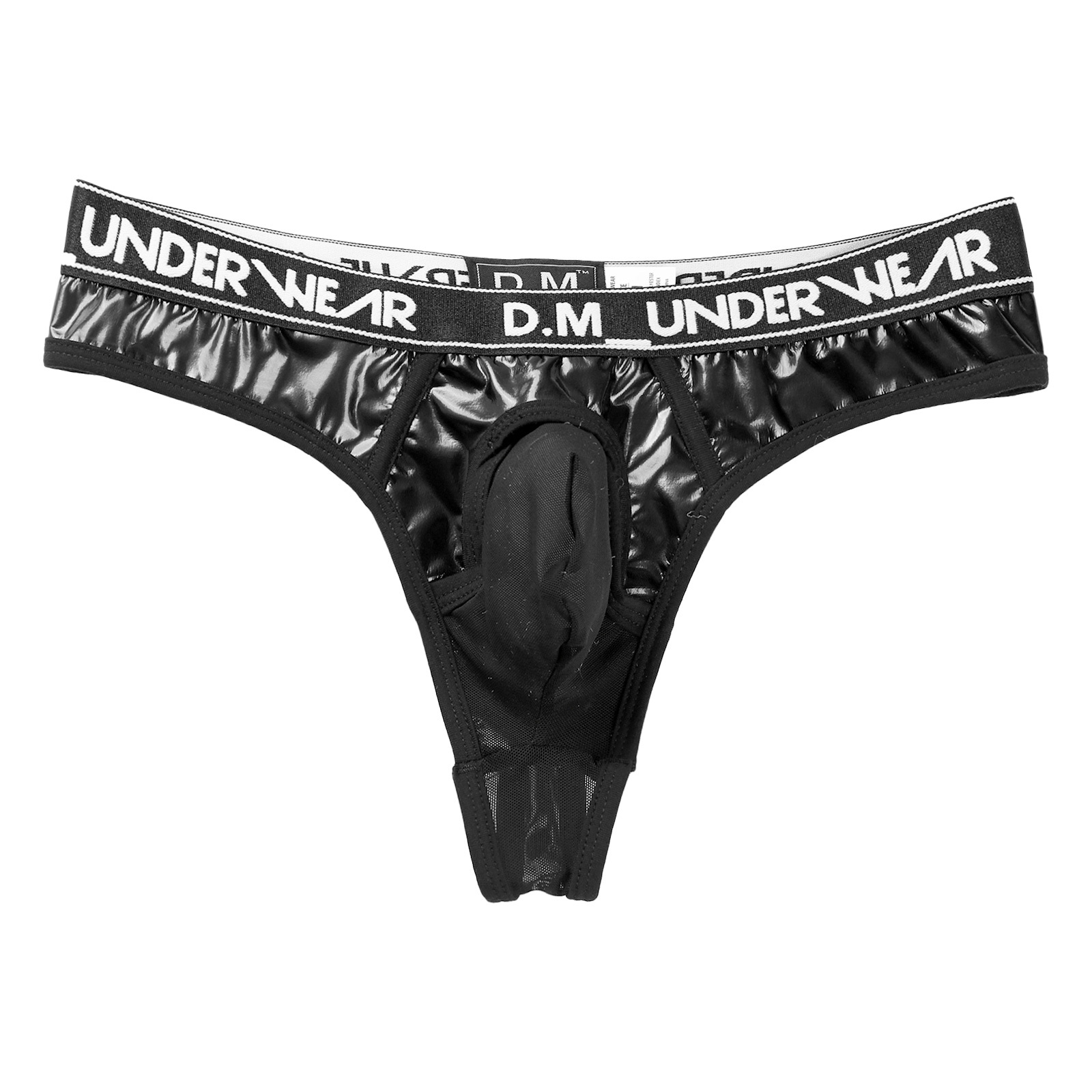 Mens Lingerie Glossy Patent Leather Patchwork Thongs Panties Sexy See-through Mesh Underwear Bulge Pouch  Low Waist Briefs 