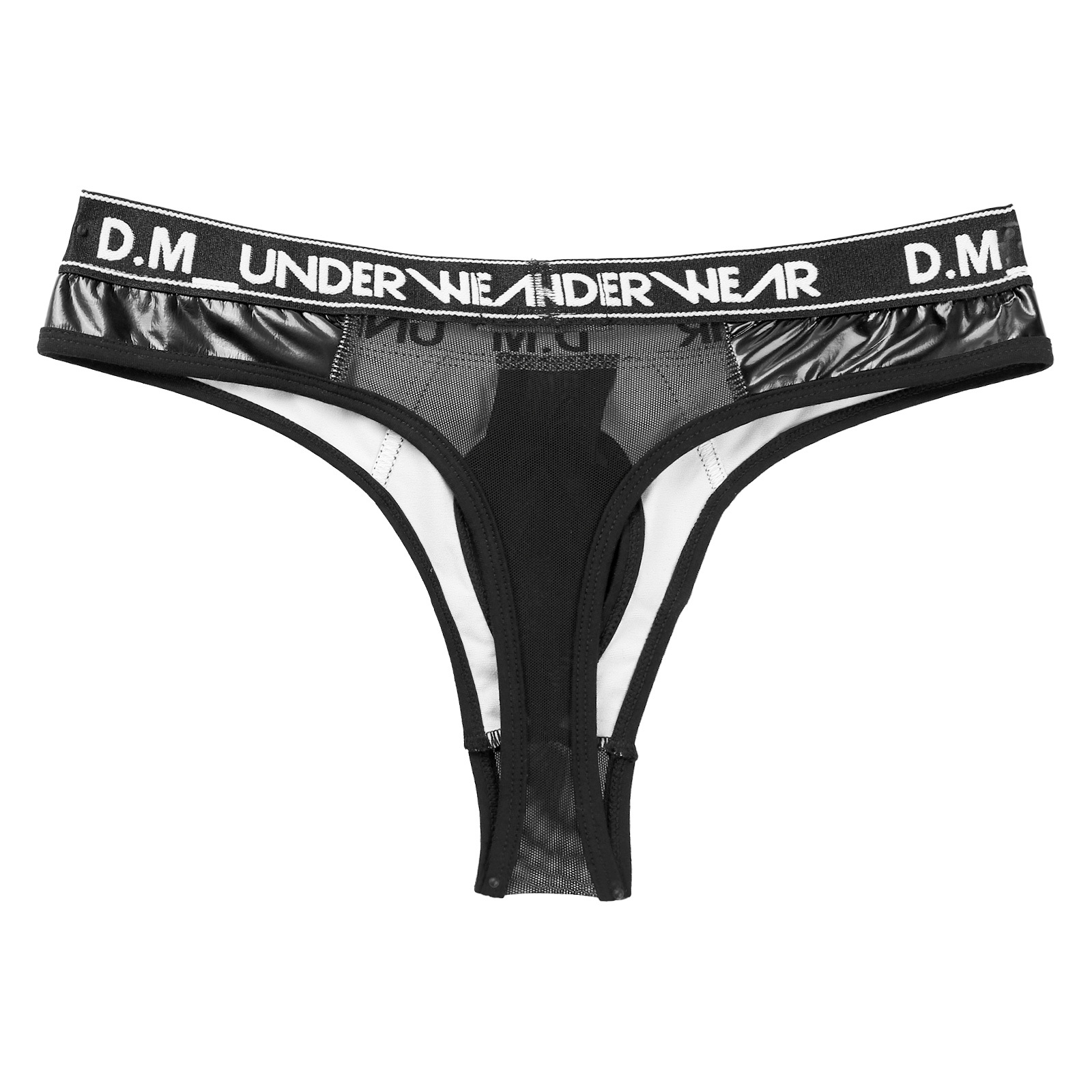 Mens Lingerie Glossy Patent Leather Patchwork Thongs Panties Sexy See-through Mesh Underwear Bulge Pouch  Low Waist Briefs 
