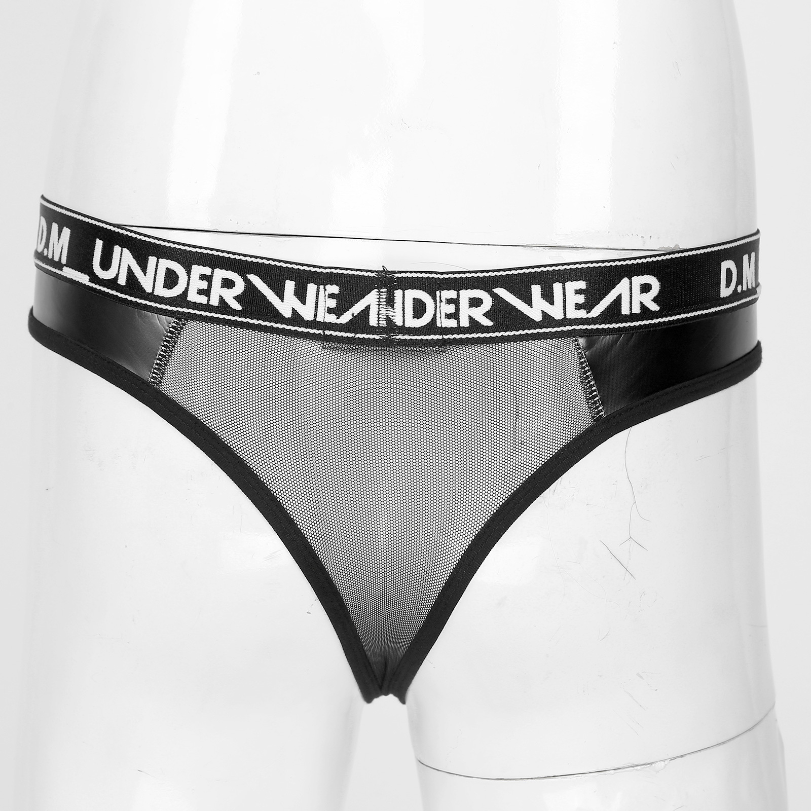 Mens Lingerie Glossy Patent Leather Patchwork Thongs Panties Sexy See-through Mesh Underwear Bulge Pouch  Low Waist Briefs 